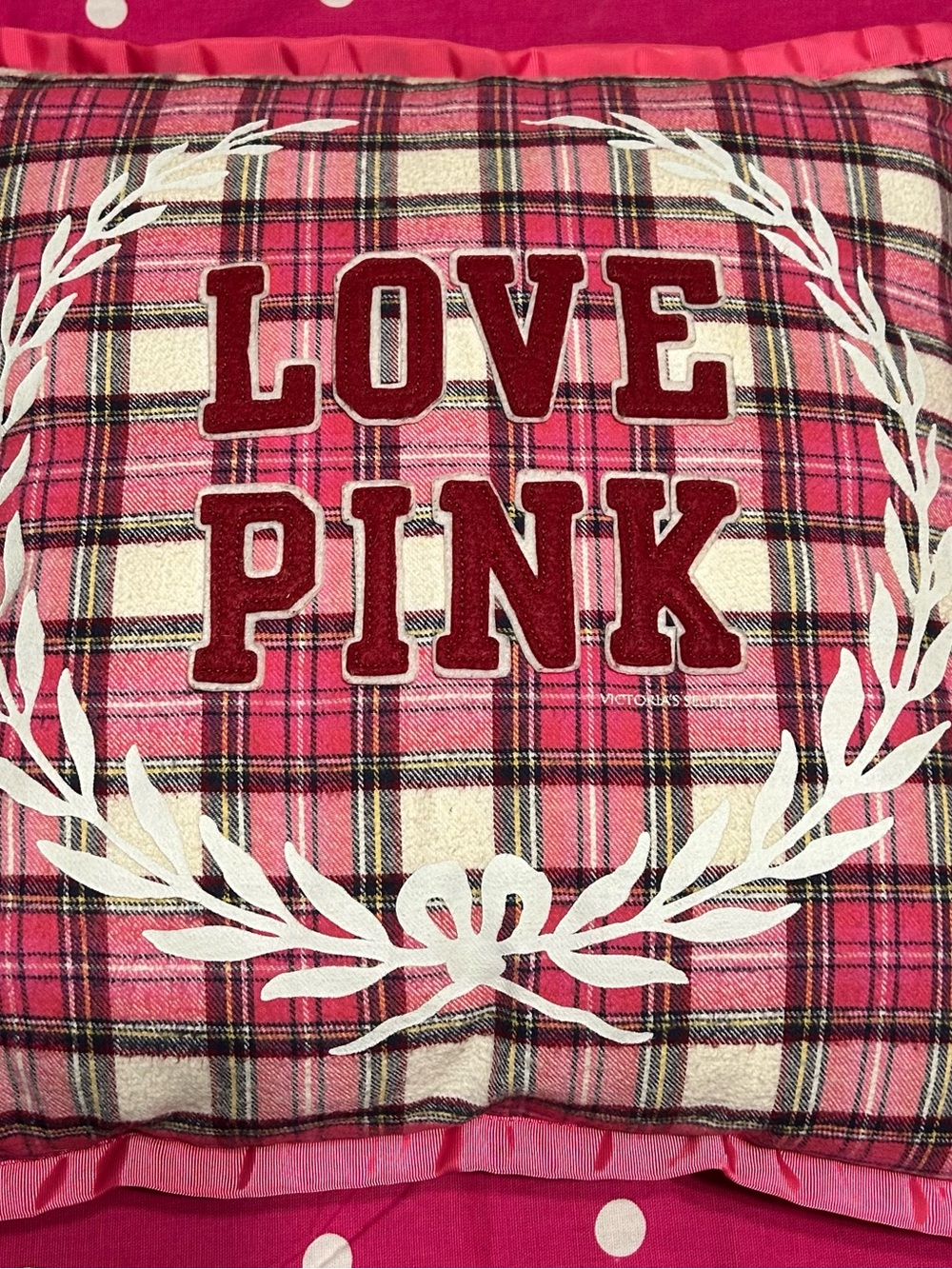 PINK Victoria's Secret Pink Plaid 'LOVE PINK' Felt Letter Pillow from 04/08